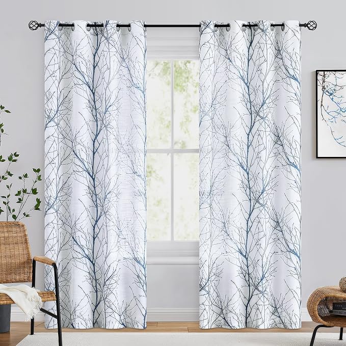 FMFUNCTEX Linen Blue White Semi Sheer Print Curtains 72 Inch Long 2 Panels | - Image 2