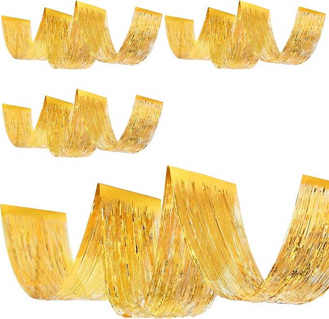 4 Pcs 15ft Gold Metallic Foil Ceiling Fringe Curtains, Party Decor Fringe Drapes by Breling