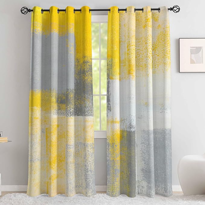 Yellow Window Curtain Yellow Grey Abstract Thermal Insulating Drapes Rust Art - Image 3