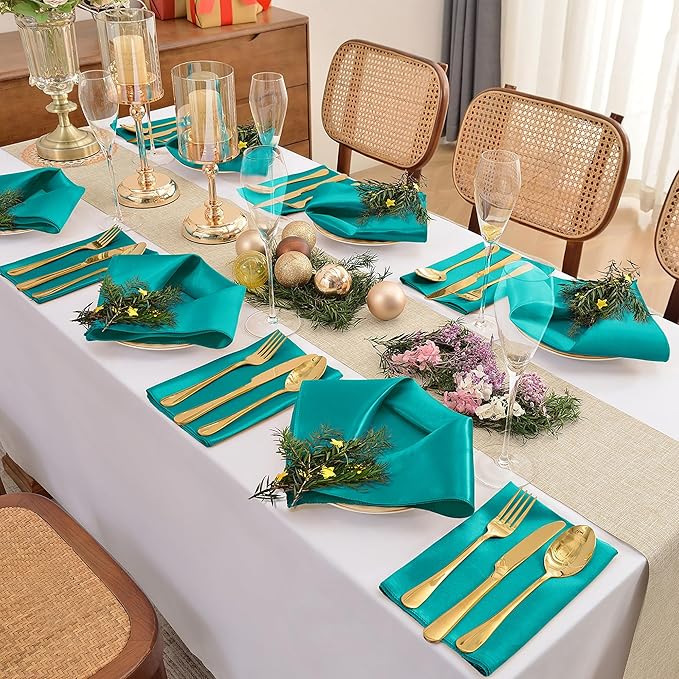 12 Pieces Teal Satin Napkins, 17" x 17" Square Table Napkins, Silky Soft Smooth Washable Napkins for Restaurant, Weddings, Dinner, Party Decoration