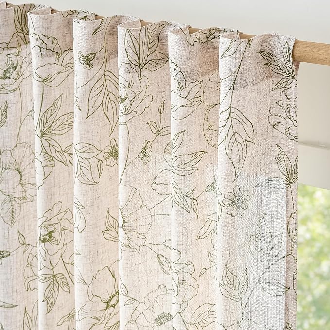jinchan Floral Linen Curtains for Living Room 63 Inch Length Green Flower - Image 5