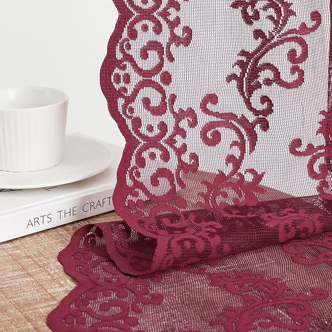 Burgundy Lace Curtains 96 Inches Long 2 Panels Modern Romantic Wine Lace - Image 4