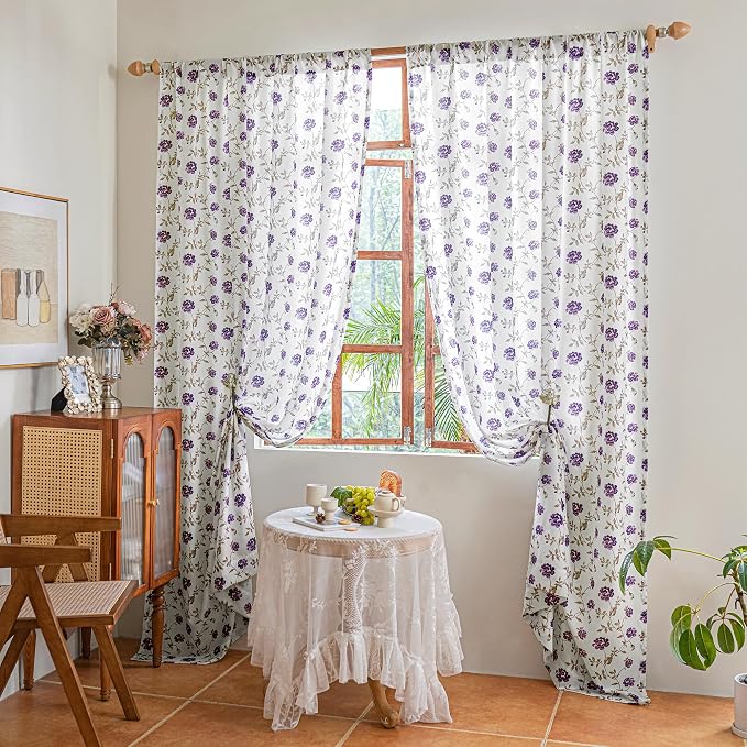 Beauoop Floral Sheer Curtains for Bedroom Purple Brown 52x96 2 Panels | Semi - Image 5