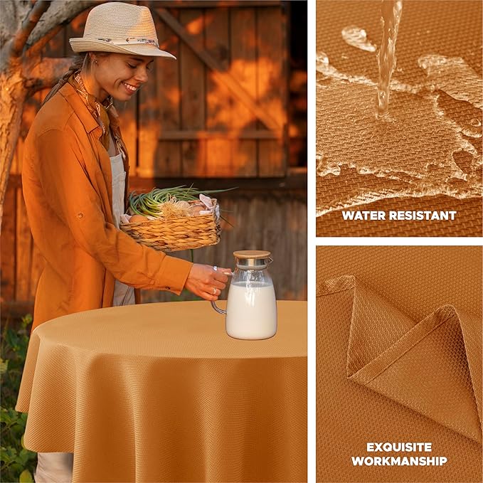 Biscaynebay Fall Tablecloth Textured Fabric Round Tablecloths 70", Bronze Thanksgiving Autumn Harvest Water Resistant Fabric Tablecloths for Kitchen, Dining, Wedding, Parties Machine Washable