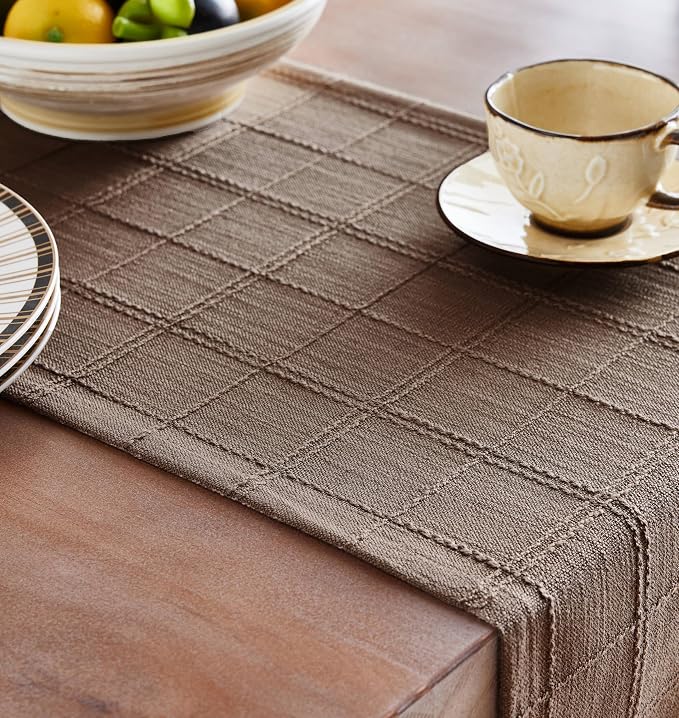 Linen Checked Farmhouse Table Runner, 13x48 Inches Cocoa Brown | Raised Grid - Image 5