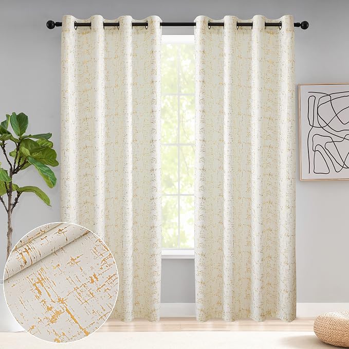 Taisier Home Gold Foil Print Linen Textured Curtains Geometric Dots Pattern by TaisierHome