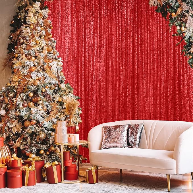 Hahuho Red Sequin Backdrop Curtain, Party Decoration（6 Panels, 2FT x 8FT - Image 2