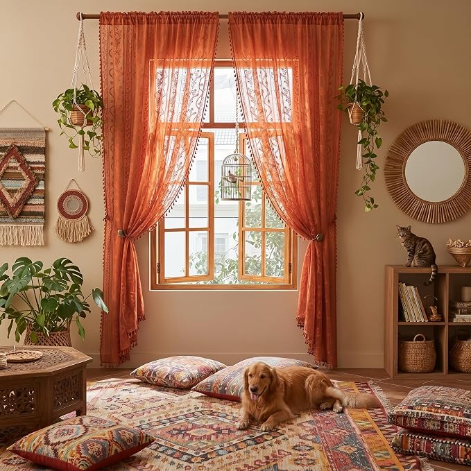 WAZZIO Boho Lace Curtains 63 Inch 2 Panels-Vintage Sheer Panel Drape Floral - Image 3