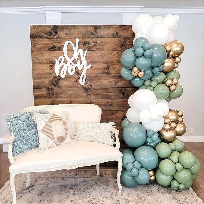 Dusty Sage Green Blue Gold Balloon Garland Kit - Image 4