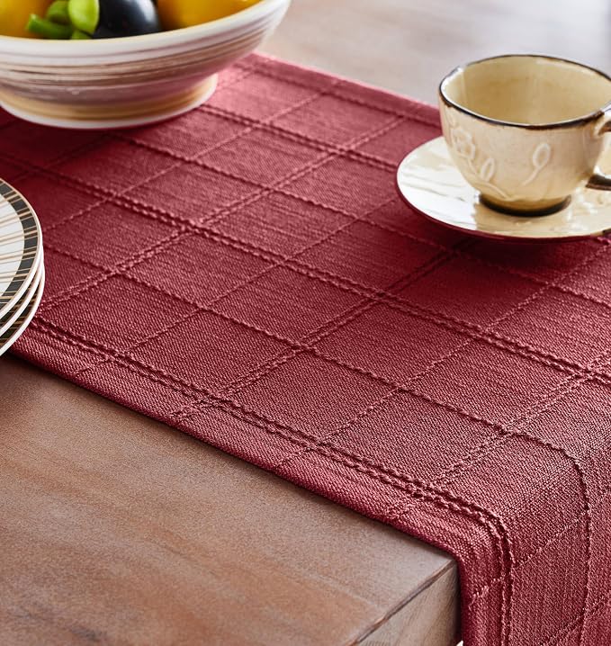 ZeeMart Linen Checked Farmhouse Table Runner, 13x72 Inches Burgundy | Raised - Image 5