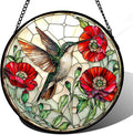 Stained Glass Window Hanging - Green Hummingbird Red Flower Suncatcher for Door Terrace Garden Home Decor Bird Landscape Sun Catcher Birthday Gifts for Lovers Women Men Dad Mom Nana 15 in