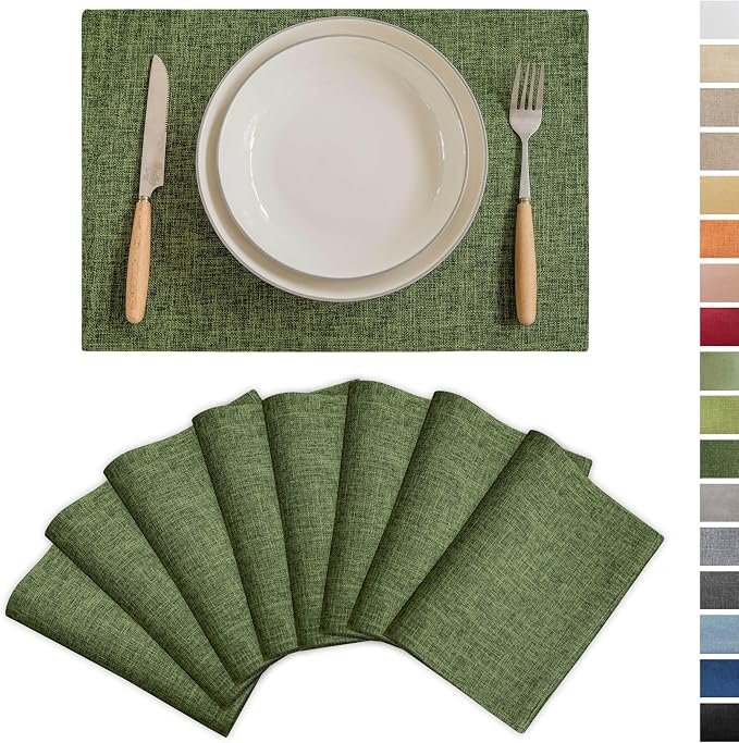 Demetex Dark Green Placemats Set of 8 Decorative Linen Textured Place Mats Heat by DEMETEX