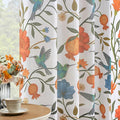 White Floral Linen Curtains, Boho Whimsical Bird Print Curtains by JOOJA