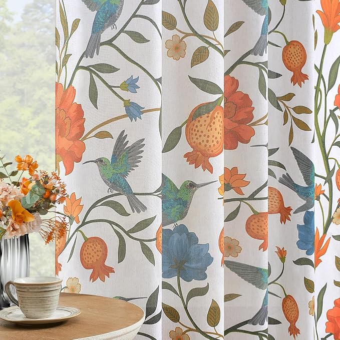 White Floral Linen Curtains, Boho Whimsical Bird Print Curtains - Image 2