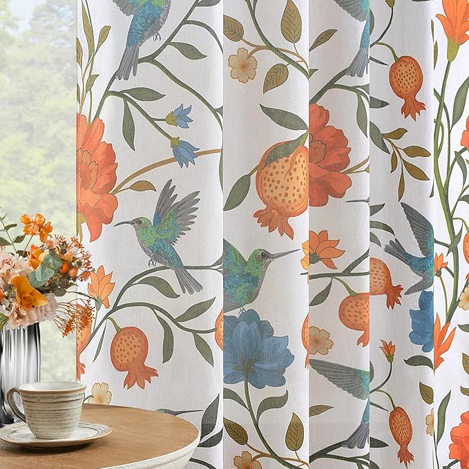 White Floral Linen Curtains, Boho Whimsical Bird Print Curtains - Image 3