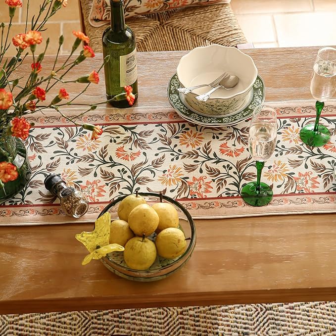 ISAENNE Designer French Elegant Linen Table Runner 71 Inches Long,Farmhouse Lily Pattern Decor Table Runners for Dining Tables,Thanksgiving,Kitchen Tables,Christmas,12"*71"-Aurora A