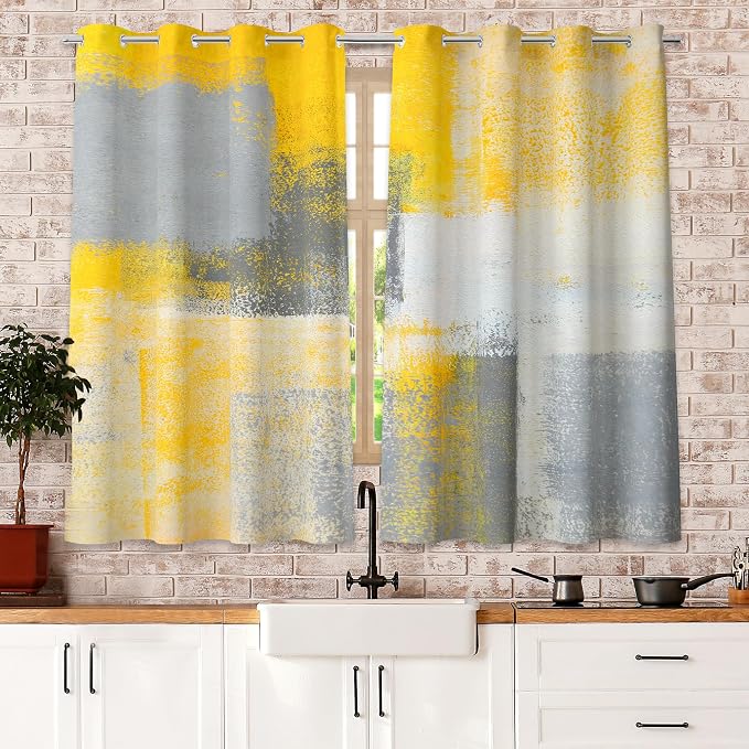 Yellow Window Curtain Yellow Grey Abstract Thermal Insulating Drapes Rust Art - Image 5