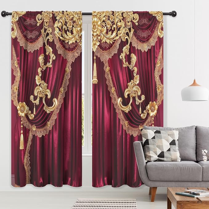 Red Gold Vintage European Elegant No Living Room Bedroom Window Curtains | 52"W - Image 5