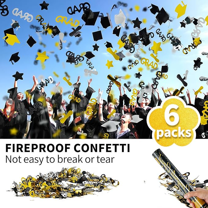 16 inch Graduation Confetti Poppers,Confettis Cannons Bulk with Diploma GRAD Star&Cap Design for Graduation Ceremony Party Favor Supply,Class Toss Ceremony,Class of 2025 Confetti (6Pack)