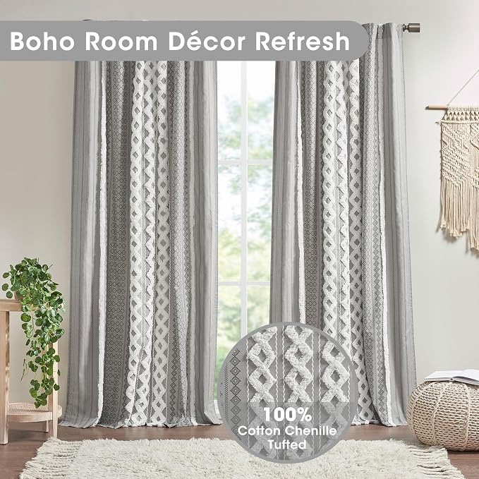INK+IVY 100% Cotton Boho Window Curtain, Single Panel, 50x84 Gray | Tufted - Image 2