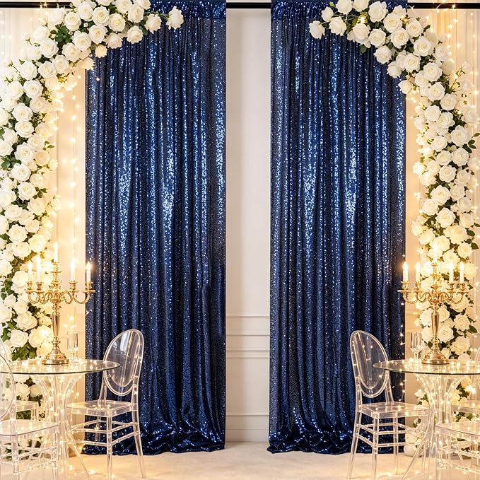 ShinyBeauty Navy Sequin Backdrop Curtains 2 Panels 4x7FT Wedding Party | - Image 2