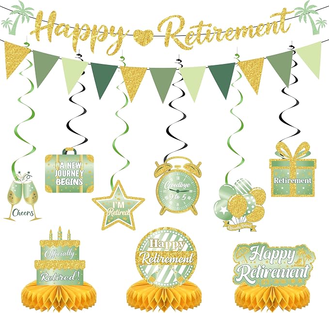 17 Pcs Green Gold Retirement Party Decorations by JCTHKUKU