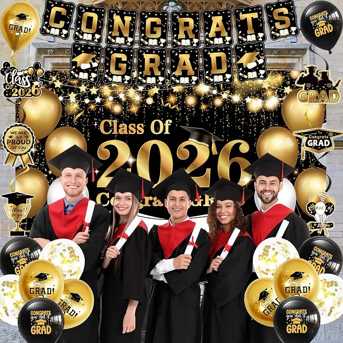 DARUNAXY Black Gold Graduation Party Decorations, 2026 Congrats Grad Honeycomb - Image 6
