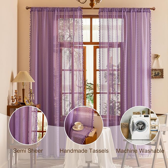 Sutuo Home Lavendar Boho Lace Curtains 96 inches 2 Panels Long - Image 4