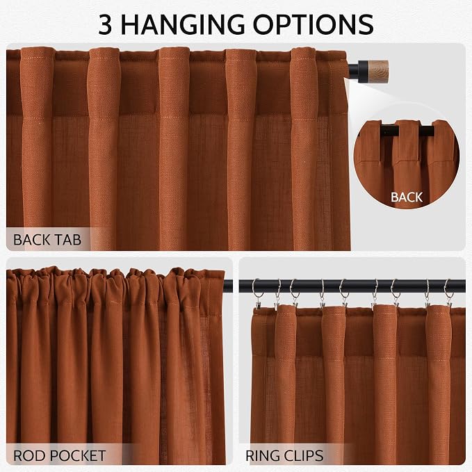 Rust Linen Curtains for Living Room 90 Inches Long Light Filtering Semi Sheer - Image 2