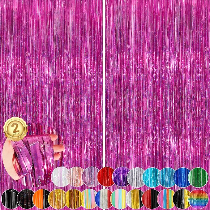Rose Pink Party Streamers 2 Pack Glitter Foil Fringe Curtain 3.3 x 8.3ft Pink by UWPVOWSR