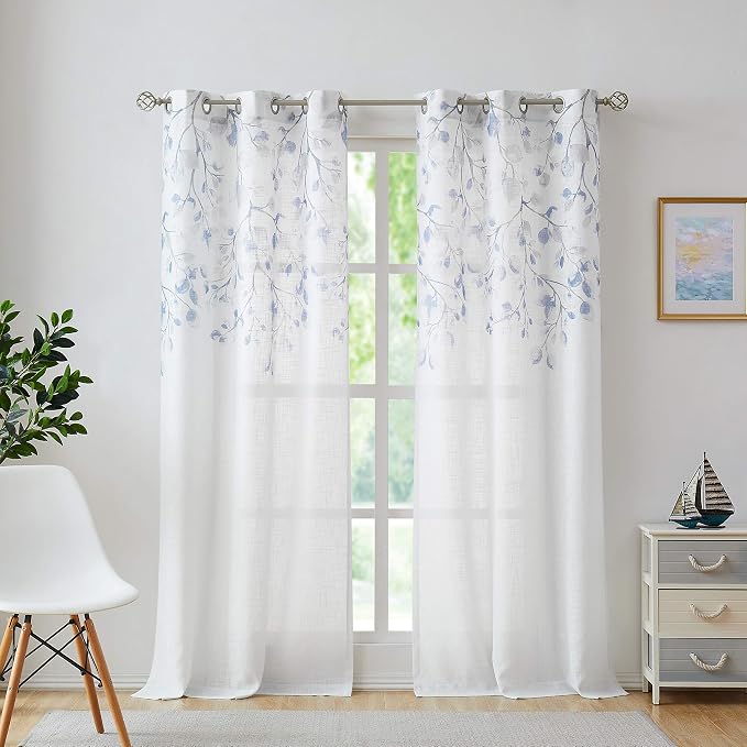 Navy Blue Leaf Floral Print Metallic Sheer Curtain - Image 2