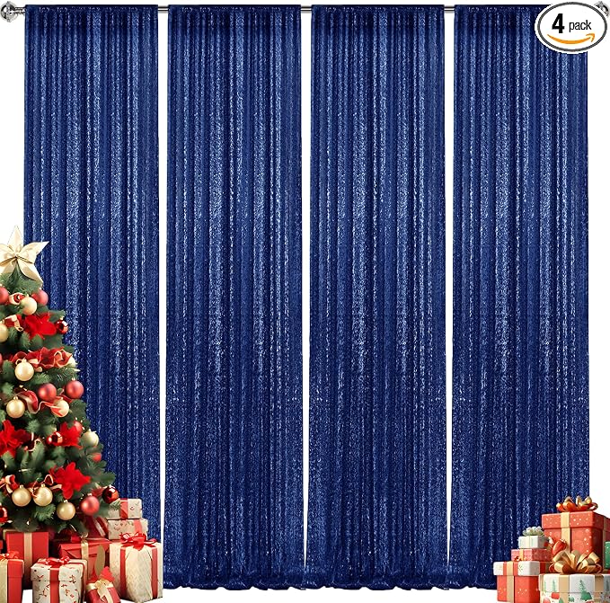 2×8FT-4PCS Navy Sequin Backdrop Curtains Panels, Photography Backdrop Glitter by Pufogu