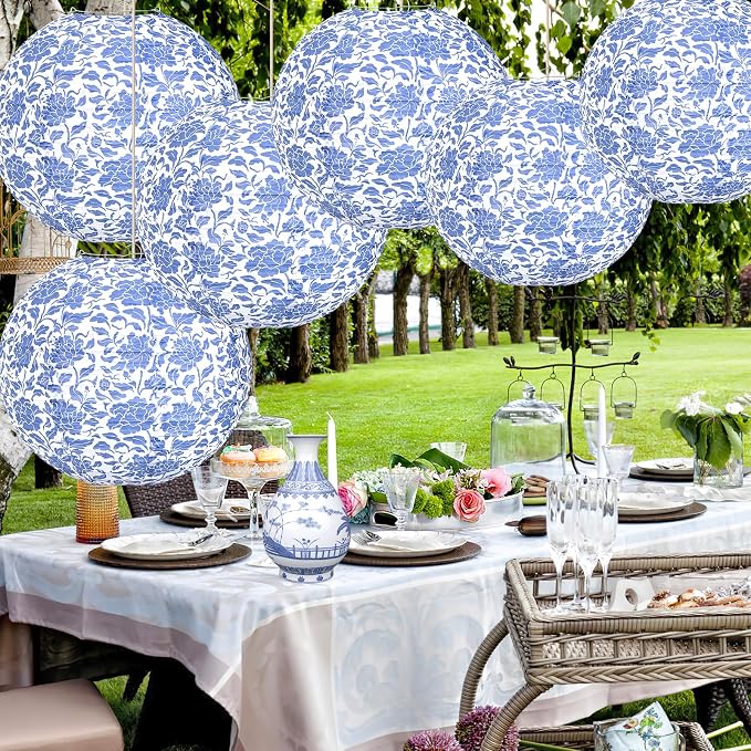12 Inches Chinoiserie Paper Lantern Celehappy 10pcs Blue and White Porcelain - Image 5