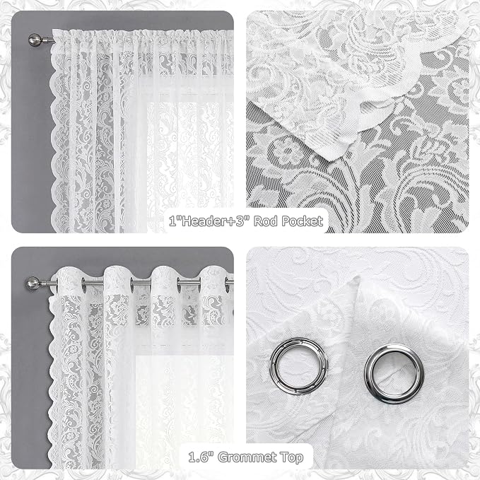 Bujasso White Sheer Lace Curtains 63 inch Vintage Floral Sheer Window Curtain - Image 7