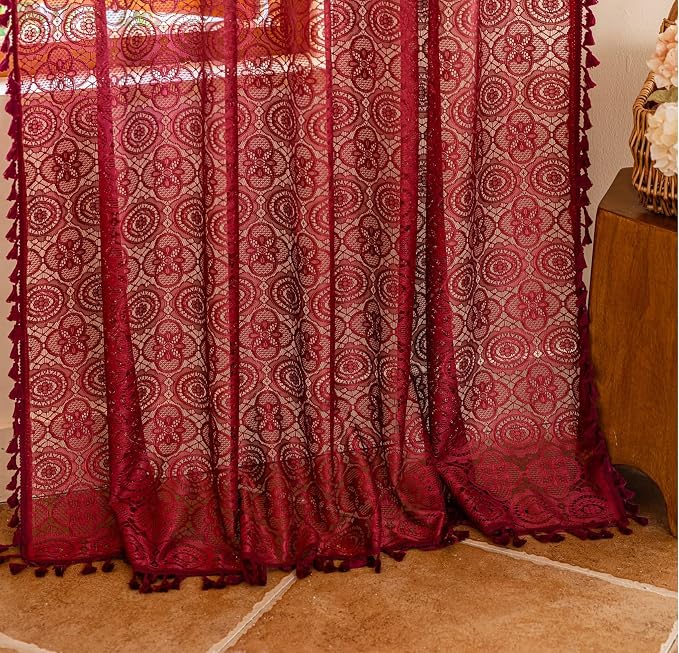 Burgundy Boho Lace Curtains, 59 X 84 inch, Wine Red Sheer Window Panels | - Image 5