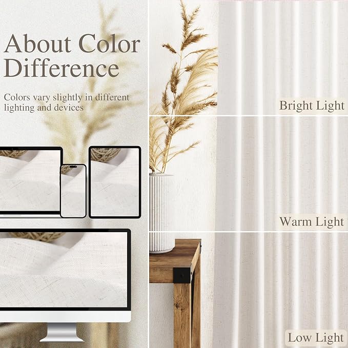 Ivory White Linen Curtains for Living Room 105 Inches Long Light Filtering Semi - Image 3
