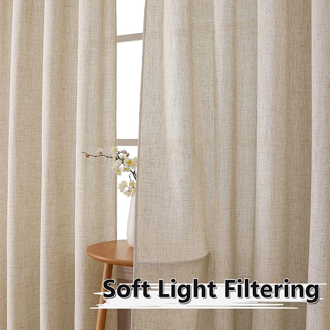 Tollpiz Linen Curtain Bedroom Rod Pocket Semi Sheer Curtains Burlap Light - Image 2