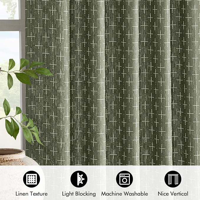 MIULEE Patterned Farmhouse Linen Curtains, Back Tab, Olive Green | Linen - Image 4