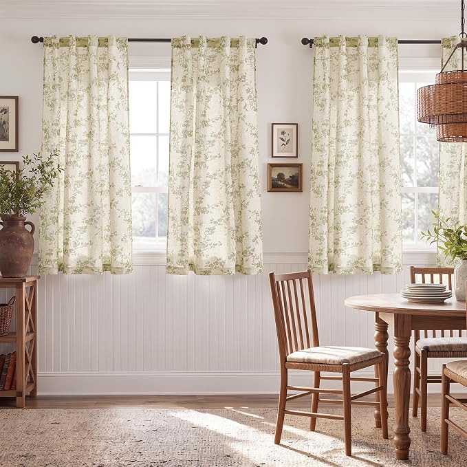 jinchan Green Floral Linen Curtains 63 Inch Farmhouse Back Tab 2 Panels | Green - Image 3