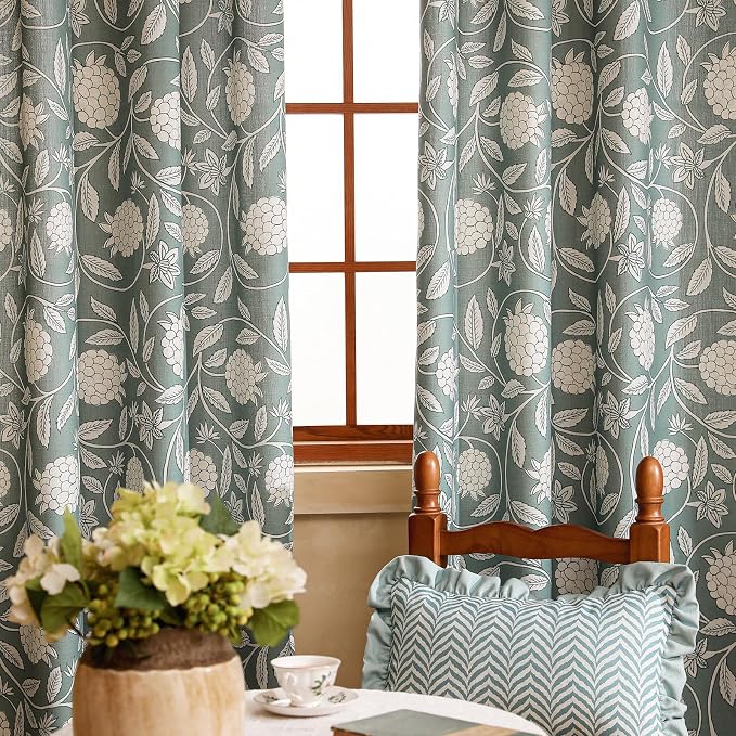 Designer Vintage Linen Printed Curtains, 2 Panels, Floral Pattern Draps - Image 3