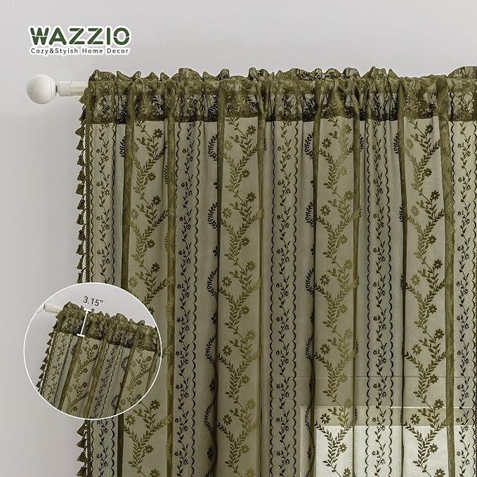 WAZZIO Boho Lace Curtains 2 Panels 84 Inch -Victorian Sheer Panel Drape French - Image 8