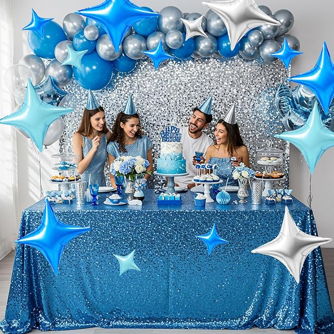 TONIFUL 30 Pcs Four Pointed Star Balloon 26In&10In Silver Blue Foil Balloon | - Image 6