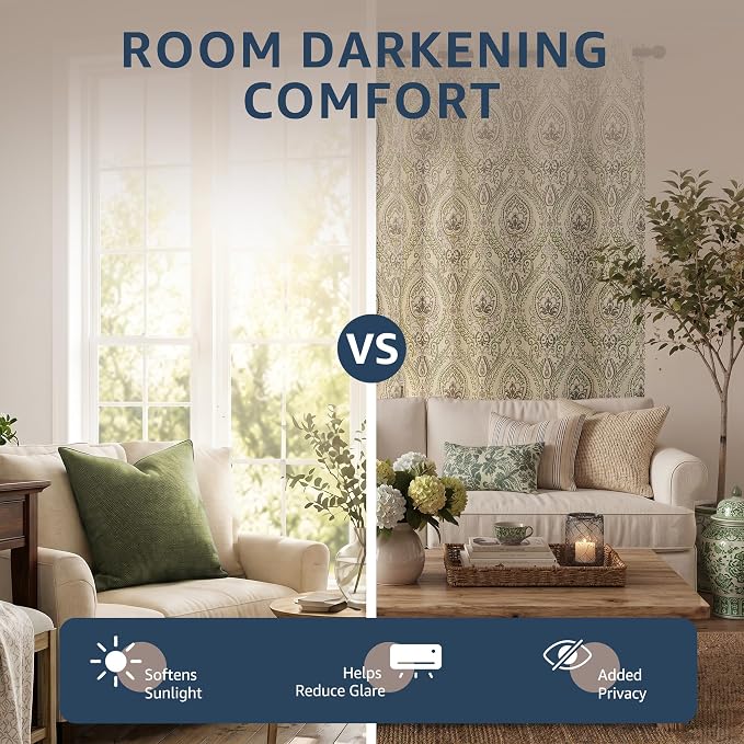 jinchan Sage Green Damask Curtains 90 Inch Room Darkening Grommet 2 Panels | - Image 3