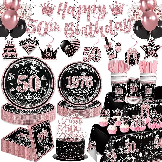 50th Birthday Decorations for Women Tableware Set Serve 25 | All-in-One Kit by Yingoto