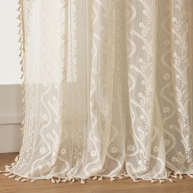 WAZZIO Boho Lace Curtains 2 Panels 96 Inches -Cute Vintage Victorian Sheer by WAZZIO