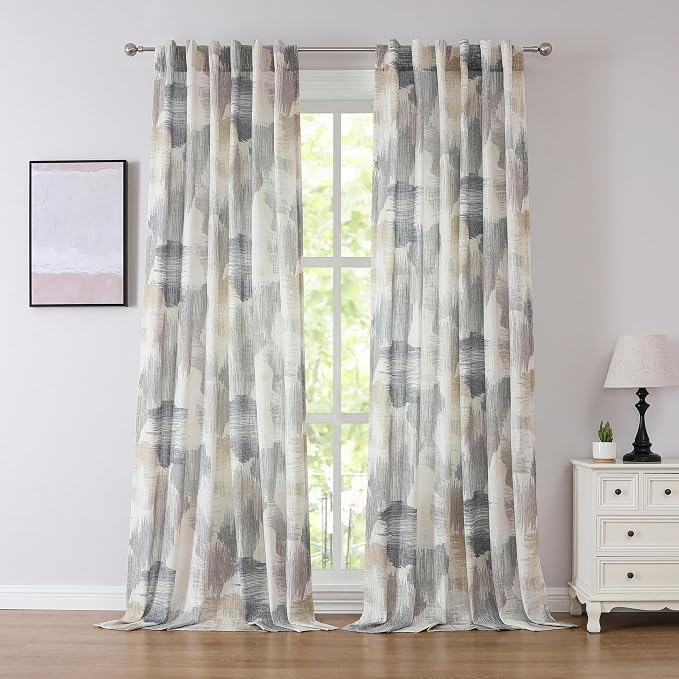 Kayne Studio Blue Tan Boho Geo Rod Pocket Semi Sheer Curtains 95 Inch Long | by KayneStudio