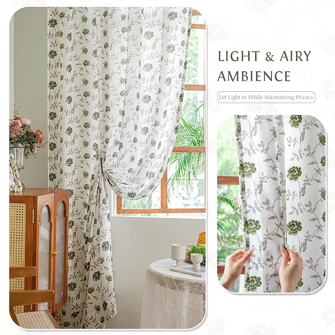Beauoop Floral Sheer Curtains 72 Inches Long 2 Panels - Image 3