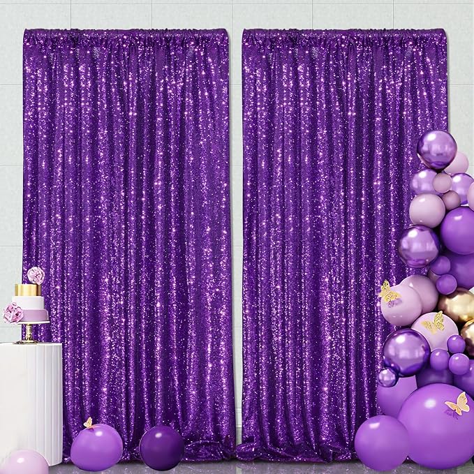 Purple Sequin Backdrop 2 Pcs 5FTx10FT Wedding Glitter Curtain Backdrop Arch - Image 3