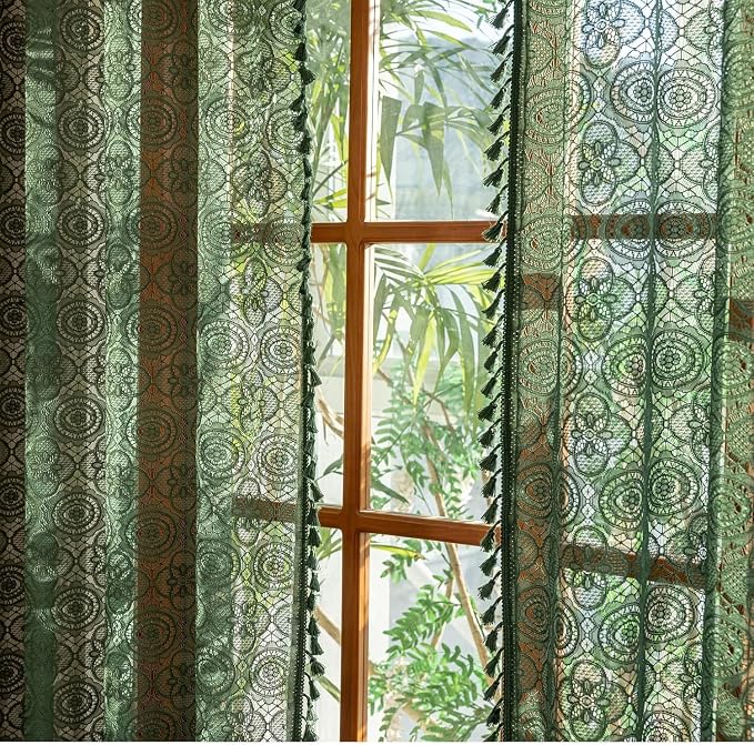 YJ YANJUN Boho Lace Curtains, Dark Green, 2 Panels | Vintage Floral Crochet - Image 5