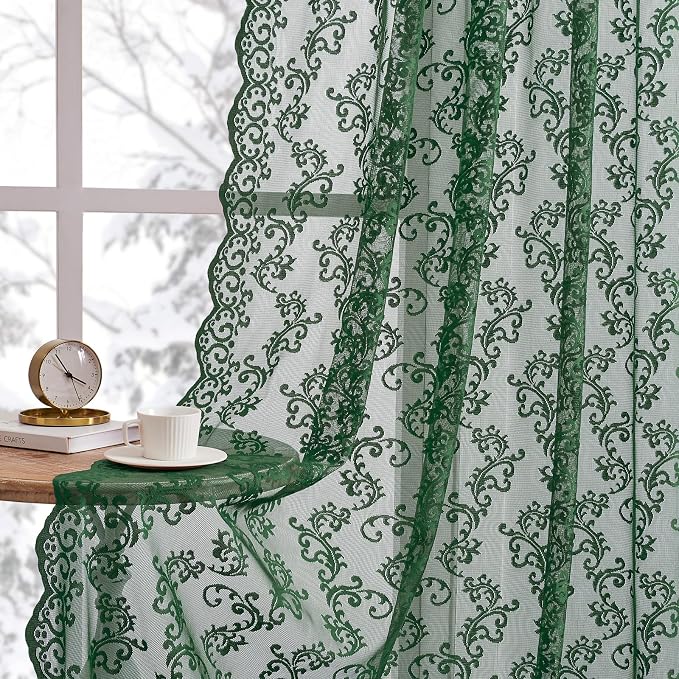 FOLKSIDE Dark Green Lace Curtains 63 Inch Length 2 Panels Paisley Floral Lace by FOLKSIDEHomeDecoration